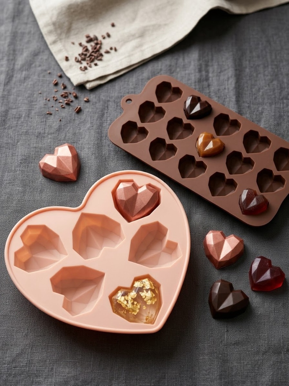 Silicone Heart Chocolate Mold Set - Pink and Brown
